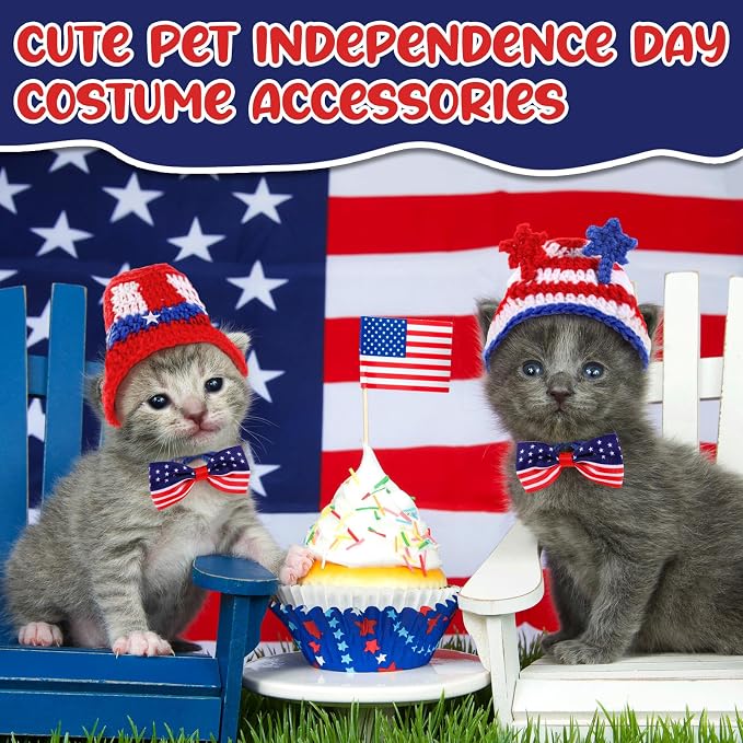 Ganeen 4 Pcs Independence Day Cat Costume 250 Anniversary 4th of July Pet Hat Headband American Flag Bow Tie Dog Cap USA 1776-2026 American Day Small Animal Top Hats Bowtie Collar Costume for Animal