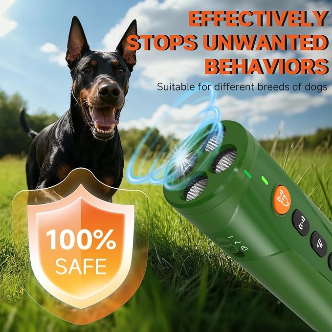 Dog Bark Deterrent Device, 3X Ultrasonic Anti Barking Device 6 Modes Dog Trainer Rechargeable & Portable Safe Bark Control Indoor Outdoor for All Dogs with LED Flashlight - Green