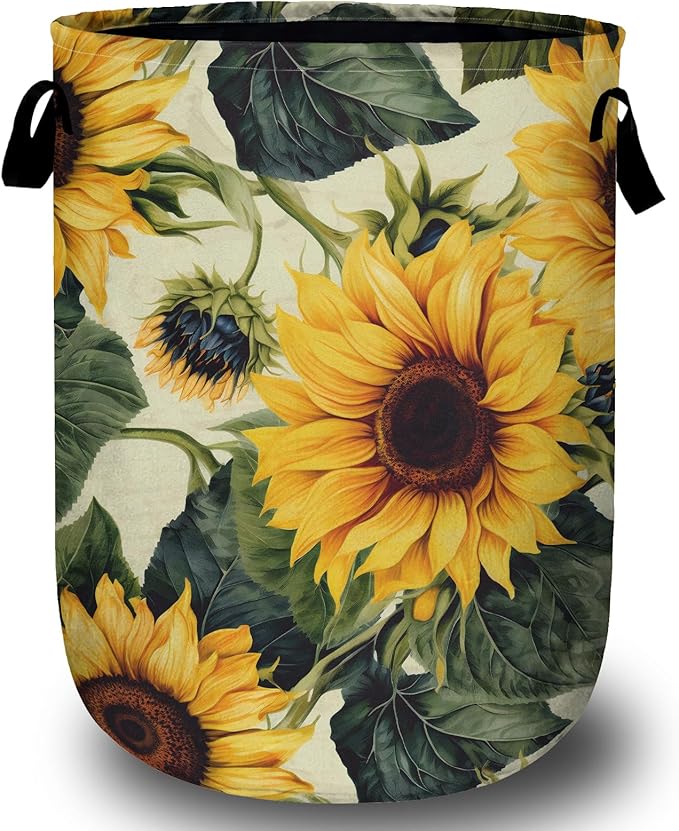 Retro Sunflower Laundry Basket, Floral Laundry Hamper Collapsible Oxford Cloth with Handle Clothes Storage Bin for Bathroom Laundry Room Bedroom 15.7 X 20 Inch
