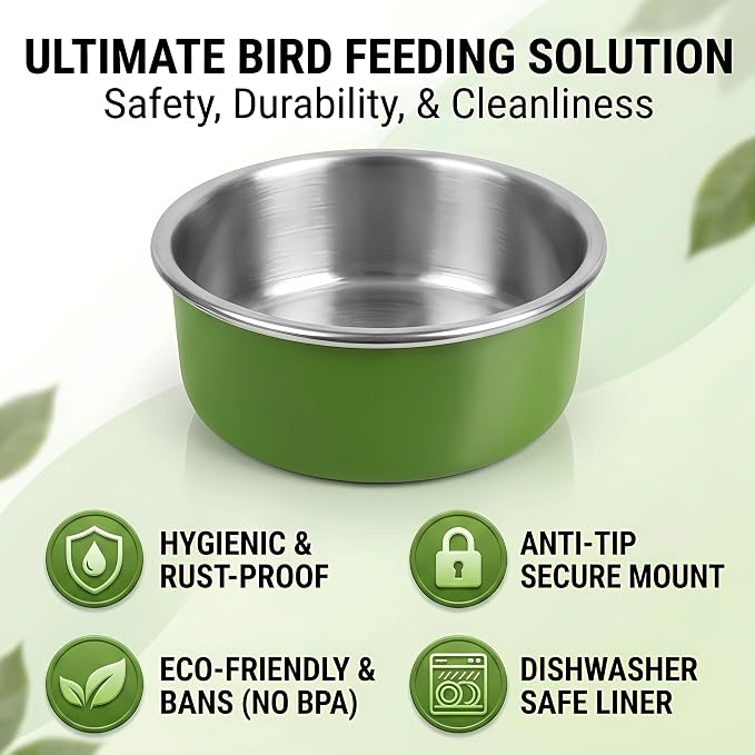 Stainless Steel Bird Bowls for Cage (8 Pack)– Green Hanging Bird Food & Water Feeder Cups with Clamp Holder, Anti-Spill Bird Cage Feeders for Parakeets, Cockatiels, Conures, Budgies & Small Animals