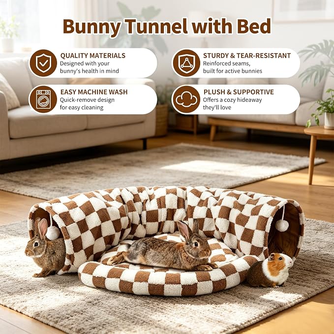 BWOGUE Bunny Tunnel Bed, 2-in-1 Collapsible Tunnel Tubes Toys with Removable Mat Hideout for Cats Kittens Rabbits Guinea Pigs Kitty (Brown Checks)