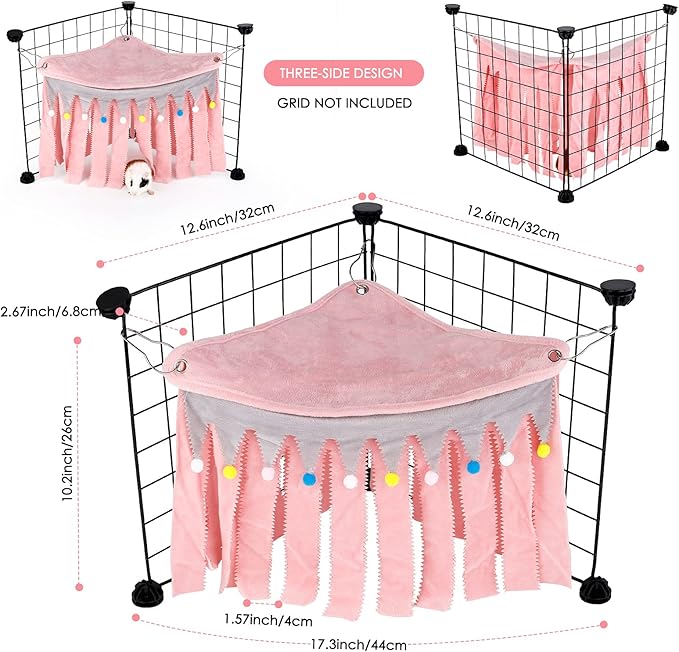 Guinea Pig Hideout - Guinea Pig Corner Hideout, Three-Sided Fringes, Triangle Top and Washable Hides, Suitable Hides for Rabbit and Other Small Pets, No Metal Fences, Pink