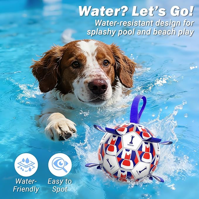 Dog Toy Balls, Dog Soccer Ball with Straps, Interactive World Cup Soccer Ball for Medium Dogs, Water Fetch Toys, Tug-of-War, Herding Ball Toys Outdoor, Dog Birthday Toy, Blue (6 Inch)