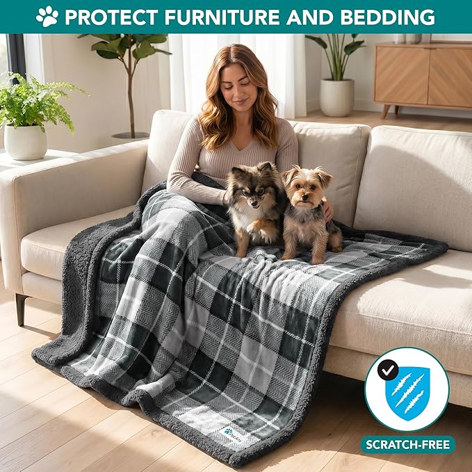 PetAmi Dog Blanket for Small Medium Dogs and Cats, Soft Sherpa Fleece Pet Blanket Throw Puppies Kittens, Reversible Plush Couch Cover Protector Sofa Bed Crate, Machine Washable, 60x40, Plaid Dark Gray