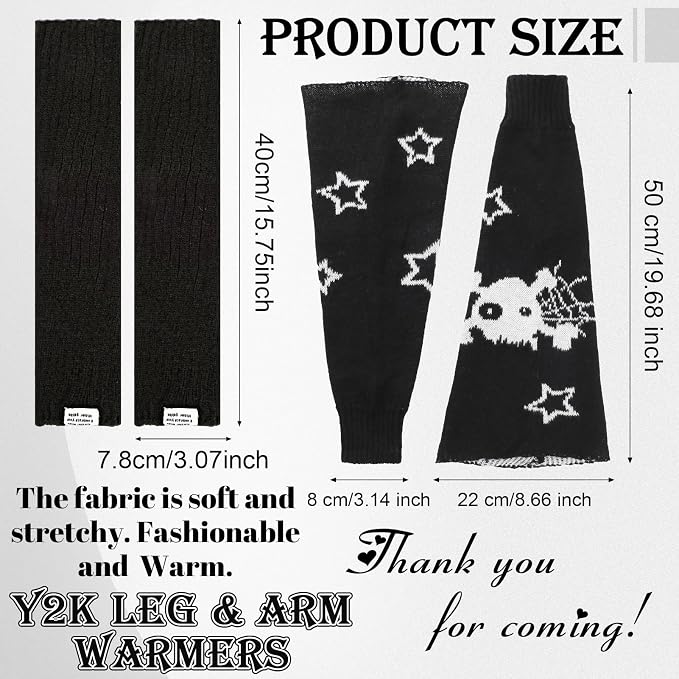 Y2k Leg Warmers for Women, Star Skull Leg Cover Kawaii Arm Warmers Beanie Cat Crochet Knitted Hats, Y2K Striped Alt Emo Dance Accessories