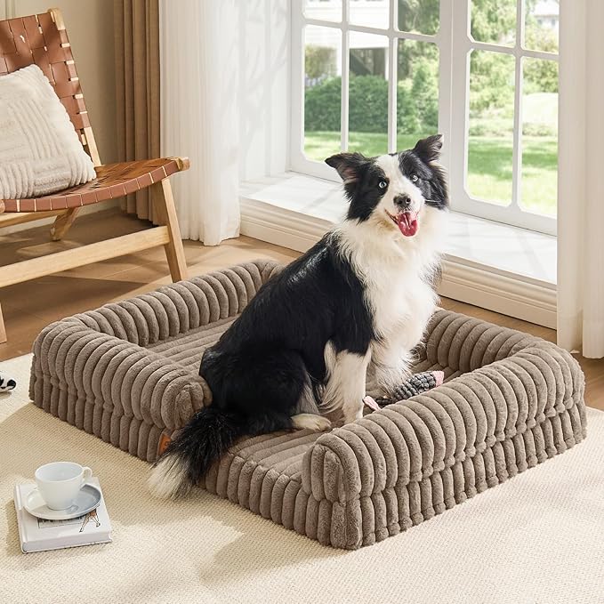 ChiXnuggle Orthopedic Dog Bed with Bolster Sides for Sleeping, Fluffy Plush Rectangular XL Dog Bed, Luxury Striped Faux Fur Waterproof Dog Couch with Removable Washable Cover, Taupe