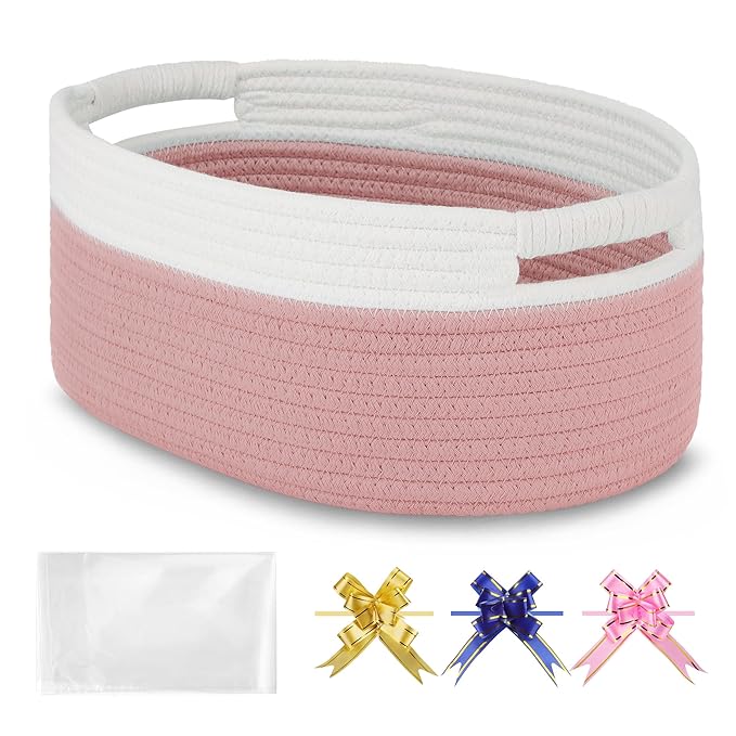 Small Woven Basket with Gift Bags and Ribbons, Empty Baby Gift Baskets for Kids Women Men, Shelf Storage, Small Cat Dog Pet Toy Boxes, 13”x 9”x 5.5”, Dusty Pink