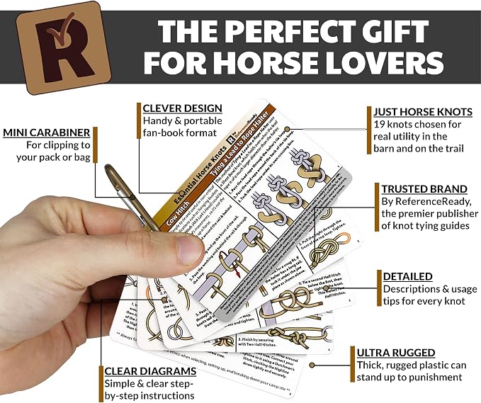 ReferenceReady Horse Knot Cards: Guide to 19 Pack and Trail Riding Knots | Guide to best training & trail horse riding knots. Accessory for barn essentials. Great for equine camps, equestrian gifts.