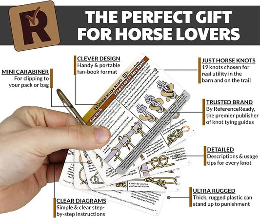 ReferenceReady Horse Knot Cards: Guide to 19 Pack and Trail Riding Knots | Guide to best training & trail horse riding knots. Accessory for barn essentials. Great for equine camps, equestrian gifts.