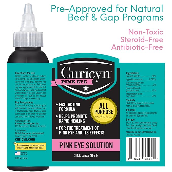 Curicyn Pink Eye Solution (3 oz), Dog Eye Drops, Conjunctivitis Eye Drops for Dogs, Cats, Livestock and Horses, Dog Eye Wash with Purified Anolyte, Safe and Soothing Dog Eye Drops for Infection