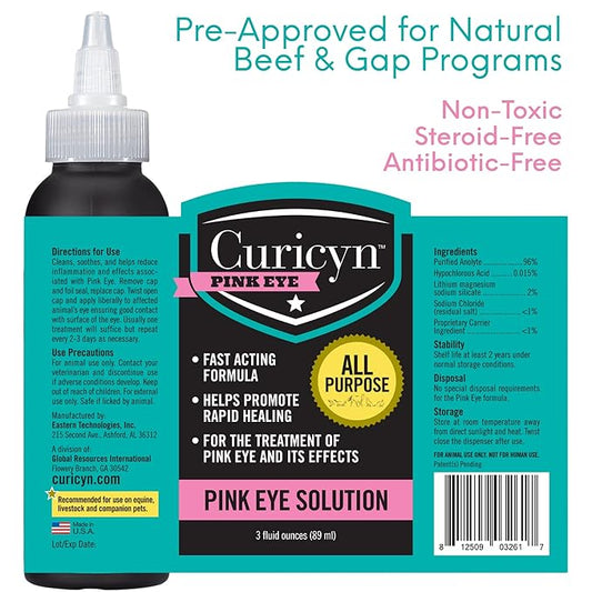 Curicyn Pink Eye Solution (3 oz), Dog Eye Drops, Conjunctivitis Eye Drops for Dogs, Cats, Livestock and Horses, Dog Eye Wash with Purified Anolyte, Safe and Soothing Dog Eye Drops for Infection