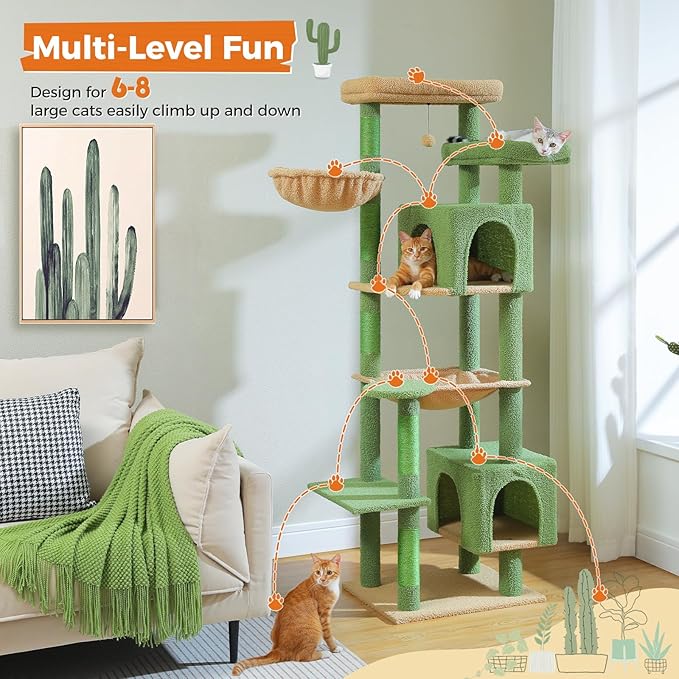 PETEPELA 69" Tall Cat Tree for Indoor Large Cats, Cat Tower for Adult Cats with Big Hammock, Cat Climbing Tree Tower with Scratching Posts, Condo House and Large Top Perch, Green
