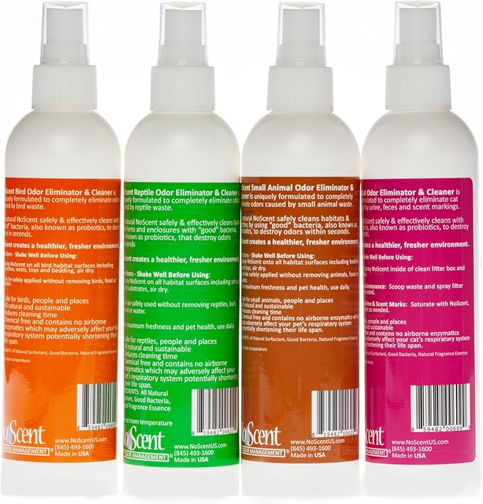No Scent - Bird,Reptile, Small Animal,and Cat - Pet Odor Eliminator Spray, Safe for Pet Areas and Cages, Multi Pack, 4 Pack 8oz