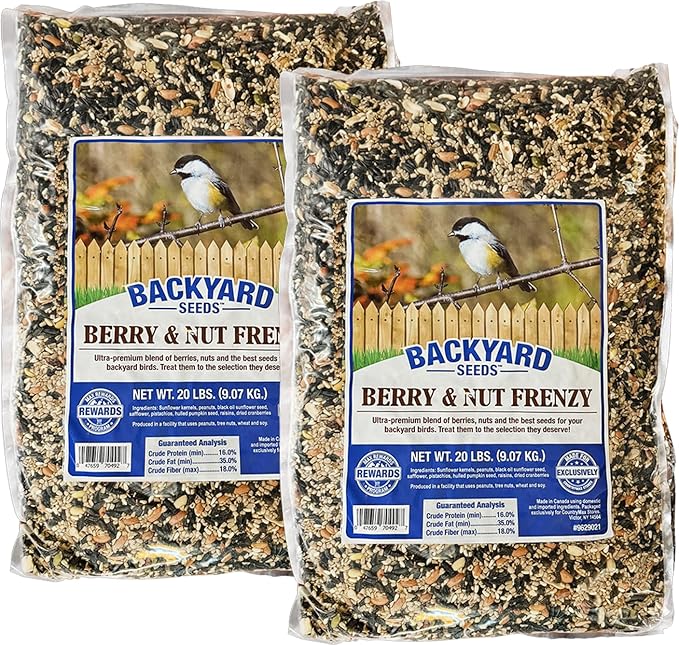 Backyard Seeds Berries 'n Nut Blend Bird Seed Mix 40lbs - Premium Seeds, Nuts & Cranberries, Two Medium Bags of Wild Bird Food