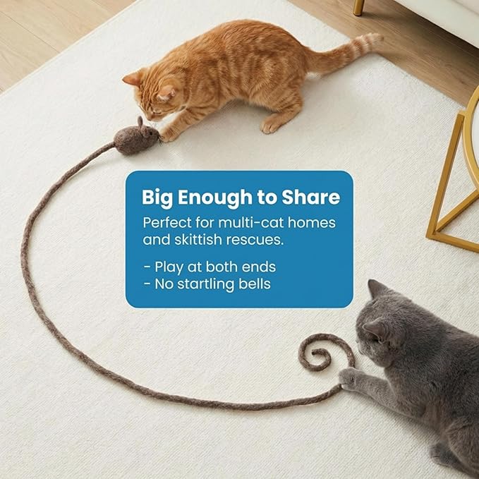 Glaciart One Felt Mouse Cat Toy – Soft Fuzzy Enrichment 100% Natural Wool - Interactive Catnip Play Cat Toy Set - Safe for Pets, Non-AZO Colored Dyes - 100” Long
