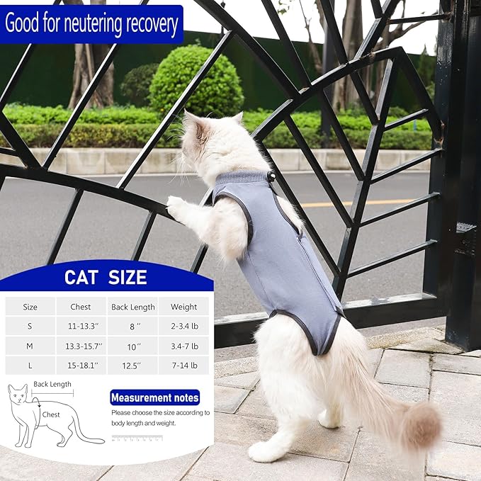 kzrfojy Cat Surgery Recovery Suit Cat Onesie for Cats After Surgery Spay Surgical Abdominal Wound Skin Diseases E-Collar Alternative Wear (Grey-Blue-M)