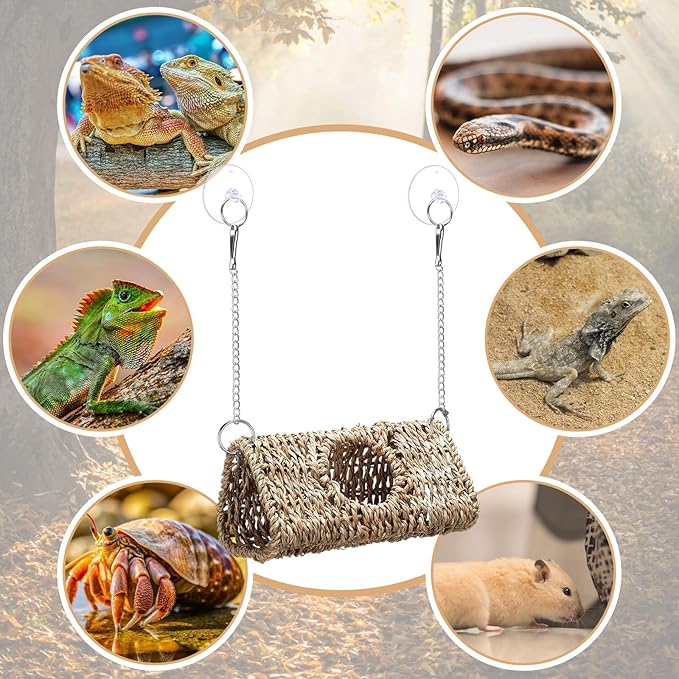 CroBlissful Reptile Hide Cave Hollow Cave Hideout with 2 Pcs Suction Cup and Chain Gecko Hide Reptile Tank Decor Seagrass Fiber Climbing Toy for Lizard Snake Hermit Crab(Triangle,Pale Yellow)