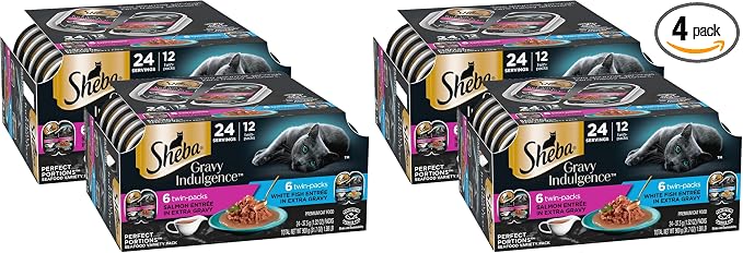 Sheba Gravy Indulgence Adult Wet Cat Food Salmon Entree in Extra Gravy and White Fish Entree Variety Pack,2.6 oz. -Pack Trays,(,24 Servings),12 Count (Pack of 4)