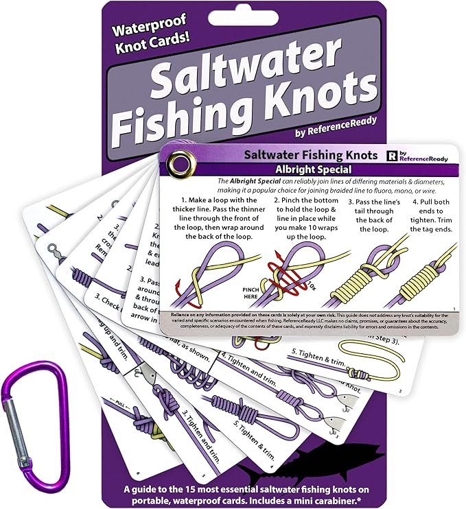 ReferenceReady Saltwater Fishing Knot Cards - Waterproof Pocket Guide to 15 Big Game Fishing Knots | Includes Portable Book of Inshore and Deep Sea Fishing Knots and a Mini Carabiner