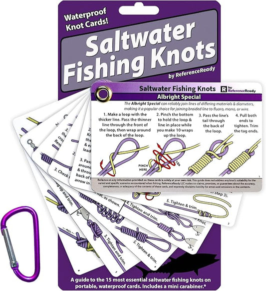 ReferenceReady Saltwater Fishing Knot Cards - Waterproof Pocket Guide to 15 Big Game Fishing Knots | Includes Portable Book of Inshore and Deep Sea Fishing Knots and a Mini Carabiner
