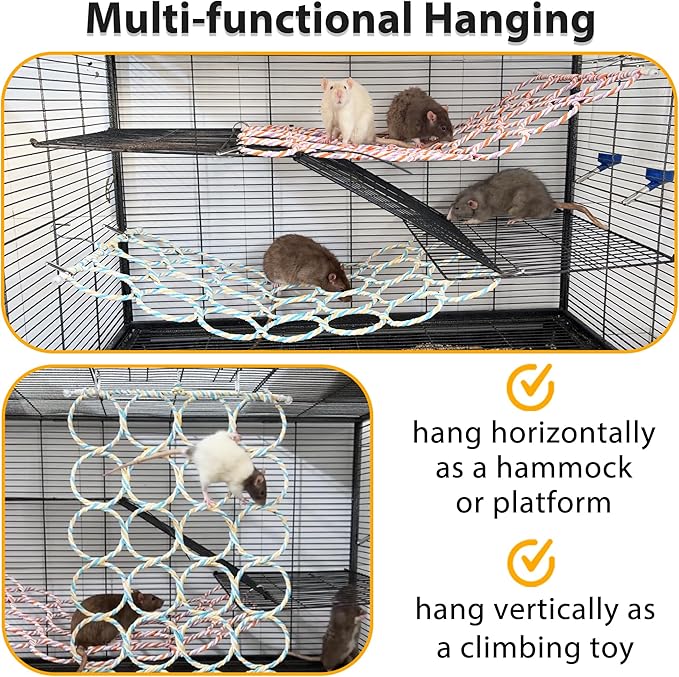 1Pcs Rat Climbing Rope Net Toy for Cage, Bird Hemp Rope Perch Swing, Ladder Rope Bridge Hanging Hammock, Small Animal Activity Toy for Mouse, Mice, Parrot, Bird (Random Color)