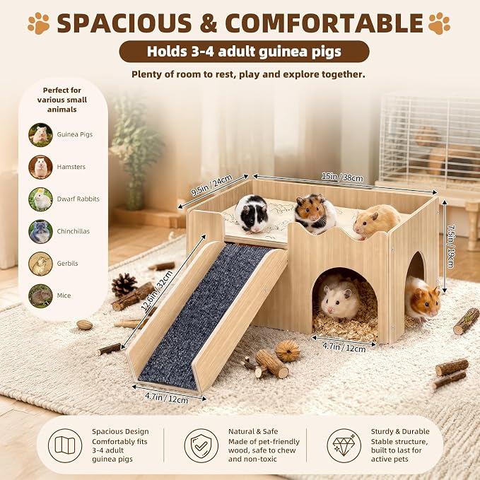 Wooden Guinea Pig Hideout with Non-Slip Mat Ramp & Platform for Small Pets | Natural solid wood with screw-fixed structure, smooth burr-free edges ensure a pet-safe, sturdy shelter for long-term use