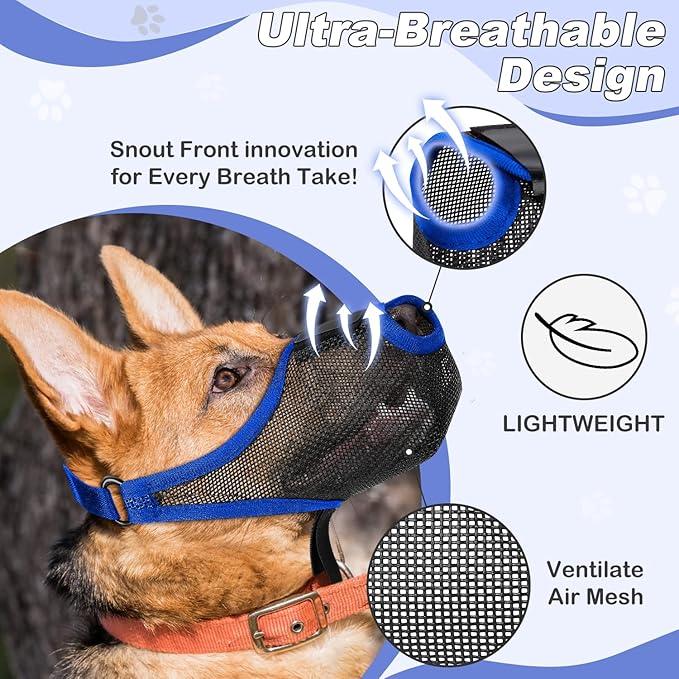 Dog Muzzle with Front Opening for Training and Treats, Breathable Air Mesh Muzzle for Biting Chewing Scavenging, Soft Lightweight Adjustable Mouth Guard for Small Medium Large Dogs (Blue, XL)