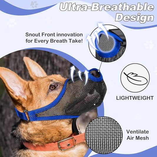Dog Muzzle, Soft Air Mesh Muzzles for Medium Sized Dogs, Breathable Dog Mussels for Scavenging Biting Licking & Barking, Adjustable Mouth Guard with Front Opening, Allows Panting and Drinking(Blue,M)
