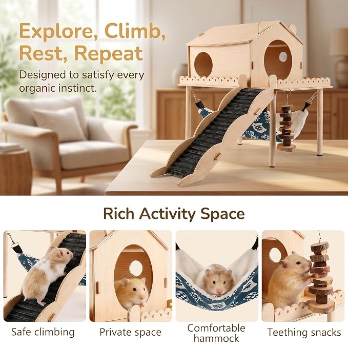 Guinea Pig Hideout Wooden Guinea Pig Castle with Stair, Hammock and House Detachable Double-Decker Guinea Pigs House for Guinea Pigs Hamsters Rabbit Chinchilla Small Animal Hiding Sleeping Activities