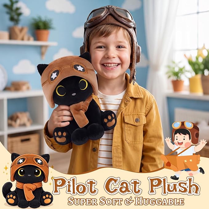 Cat Plush Toy - Black Cat with Removable Aviator Hat, 8" Cute Stuffed Animal for Kids & Adults, Soft Aviator Kitten Toy Birthday Gift for Boys,Girls, Little Pilots Party Favors