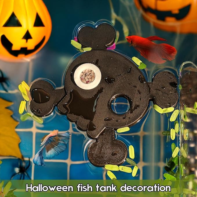 Abizoo Floating Fish Feeding Ring No Suction Cup Black Skull Halloween Decor,Aquarium Plant Barrier Floating Food Feeder Fish Tank Accessories for Betta Goldfish Shrimp Guppies Neon Tetra Zebra Danios