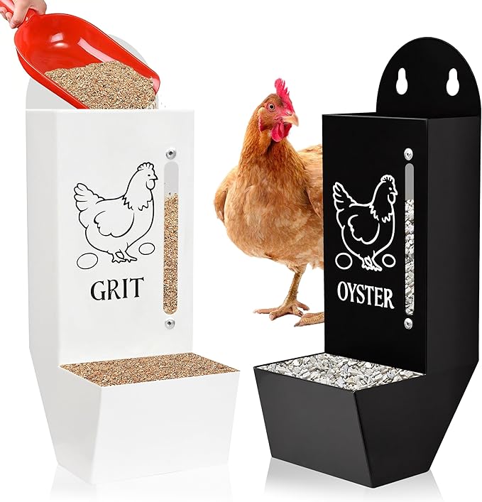 2Pack Chicken Grit and Oyster Shell Feeder, Poultry Feeder with Visual Window, No-Mess Weatherproof, Metal Hanging Gravity Chicken Feeder, Chicken Coop Accessories (Combo-Black/White)