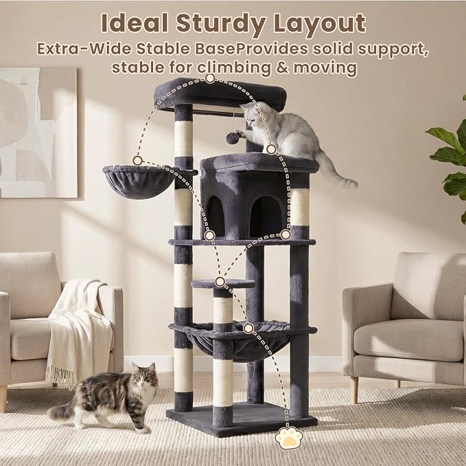 Heybly Cat Tree, 56-Inch Multi-Level Easy Climb Tower for Large Cats, Cat Furniture with 2 Perches, Cozy Hammock, Spacious Condo & Cat Basket, Durable Sisal Scratching Posts, Smoky Gray HCT028G