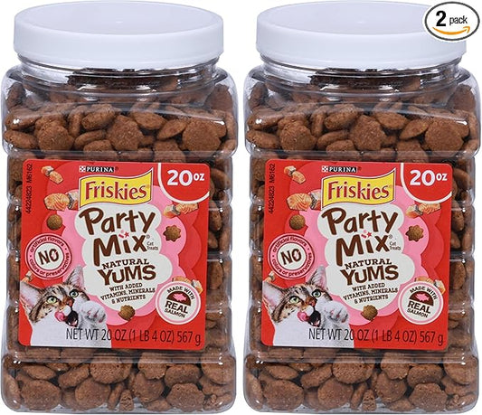 Friskies Purina Natural Cat Treats Party Mix Natural YUMS with Real Salmon and Added Vitamins, Minerals and Nutrients - 20 Oz. Canister (Pack of 2)