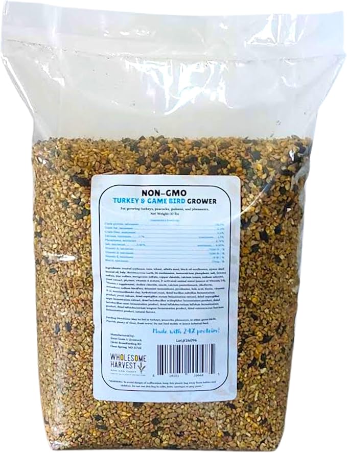 Non-GMO 10 lb Turkey Feed - Natural Peacock, Game Bird & Bird Feed, 24% High Protein Complete Food with Essential Oils, Herbs, Vitamins & Probiotics Formula for Healthy Flock Growth