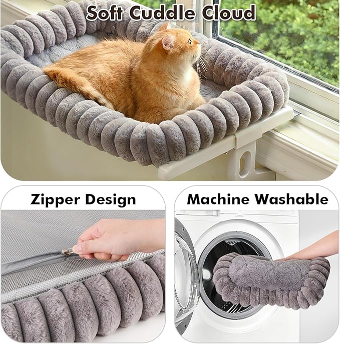 Zoratoo Cloud-Cuddle Cat Window Perch with 4-Sided Bolster, Zipper Design Cushion Window Seat for Window Sill, Sturdy Metal Frame & Easy Assembly Pet Hammock Bed for Indoor Cats (Gray, Large)