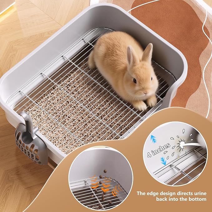 Stainless Steel Rabbit Litter Box with Safety Grid, Large Sifting Bunny Litter Pan for Small Animals, Guinea Pig, Ferret, Easy to Clean, Anti-Urine Leakage Metal Pet Toilet (16.9" × 13.4" × 6.7")