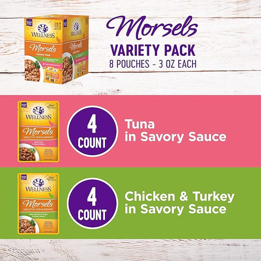 Wellness Healthy Indulgence Morsels Variety Pack Adult Wet Cat Food, Natural, Protein Rich, Grain Free, 2 Flavors, 3 oz, Pack of 8 Pouches
