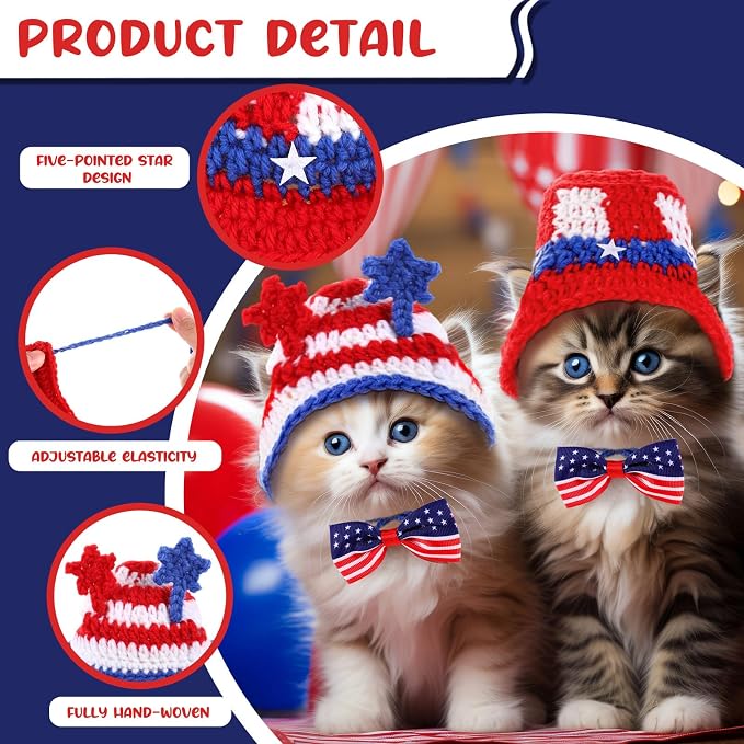Ganeen 4 Pcs Independence Day Cat Costume 250 Anniversary 4th of July Pet Hat Headband American Flag Bow Tie Dog Cap USA 1776-2026 American Day Small Animal Top Hats Bowtie Collar Costume for Animal