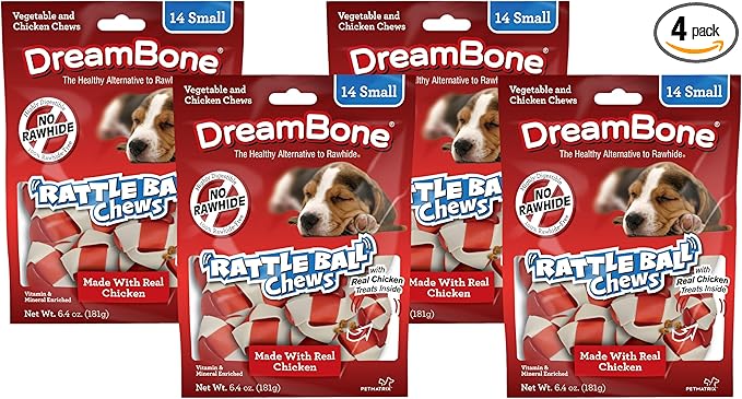 DreamBone RattleBall Small Chews, Rawhide-Free Chews for Dogs, with Real Chicken Treats Inside, 14 Count (Pack of 4)