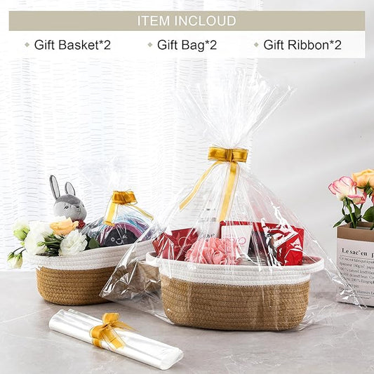 2 Pack Small Woven Basket with Gift Bags and Ribbons, Empty Decorative Gift Chest Box, Cute Baby Gift Basket for Nursery, Cotton Rope Room Shelf Storage Basket wi Handles, All 12"x 8"x 5",Yellow