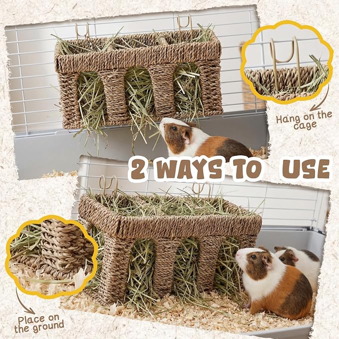 Sliner 2 Pcs Natural Seagrass Guinea Pig Hay Feeder, Five Arch Rabbit Hay Rack Holder with Metal Hanging Hook, Less Waste for Bunny Chinchillas, Small Animal Cage Accessories, Pet Gifts