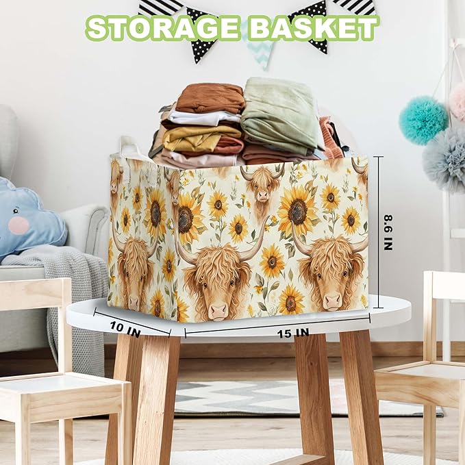 Sunflower Highland Cow Storage Basket, Highland Cow Nursery Decor, Closet Shelf Organizer Baskets for Nursery Decor, Bathroom, Bedroom, Large Squarecanvas Laundry Hamper With Foldable