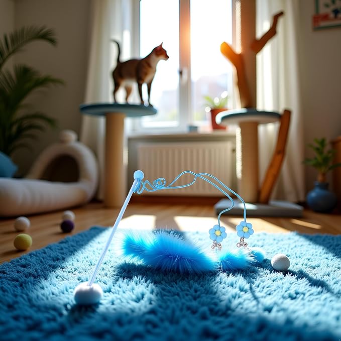 Cat Feather Stick Wand Toy,Cat Toys Teaser Wand with Feather Refills with Bell for Indoor Cats, Cat Toy Wand for Indoor and Kitten(Blue)