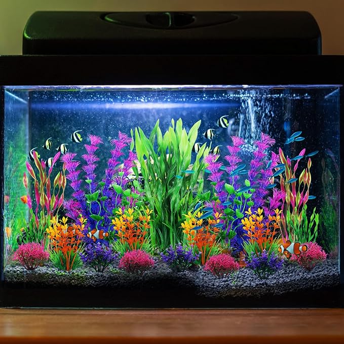 QUOZUO Fish Tank Decorations Plants, 20pcs Aquarium Decorations Plants Plastic, Fish Tank Accessories, Fish Cave and Hideout Ornaments, Aquarium Decor
