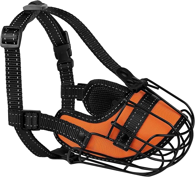 OOPSDOGGY Pitbull Dog Muzzle Reflective Metal Mask Secure Wire Basket Muzzles for Large Sized Dogs Amstaff Soft Cage to Prevent Biting Chewing with Adjustable Straps (Orange, Pitbull)