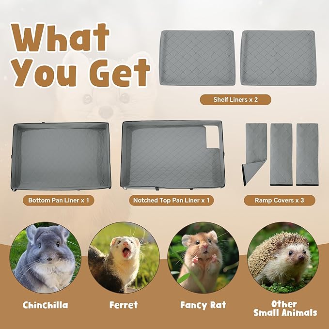 HOMBYS Waterproof Ferret Cage Liner Set with Splash Guard for Ferret Cage, Extra High Edges for Cleanliness, Soft Washable Cage Accessories for Small Animals, Chinchillas, Rats, Hedgehogs, Grey