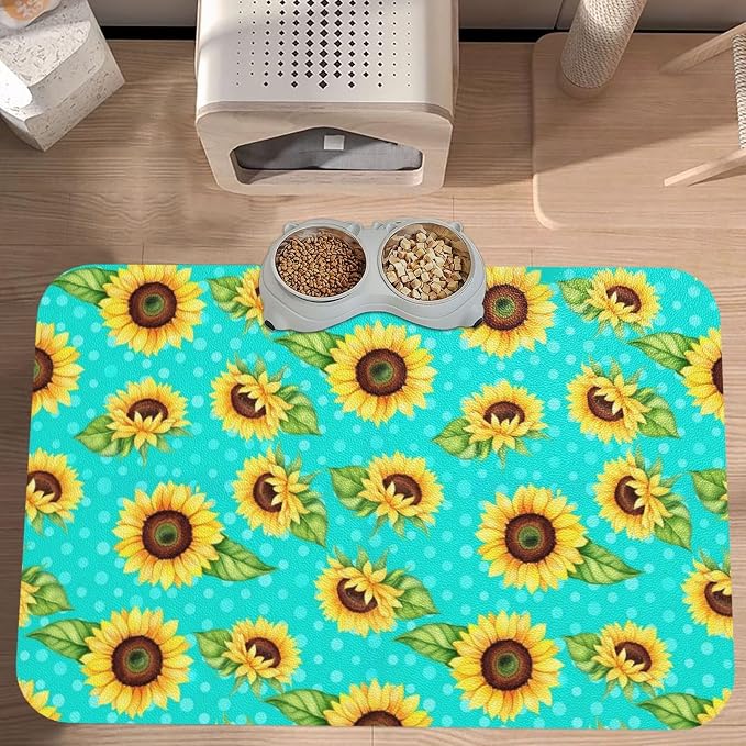 Dog Food Mats for Floors Water Bowl Mats Pet Feeding Absorbent Pet Placemats (Pretty Sunflower)