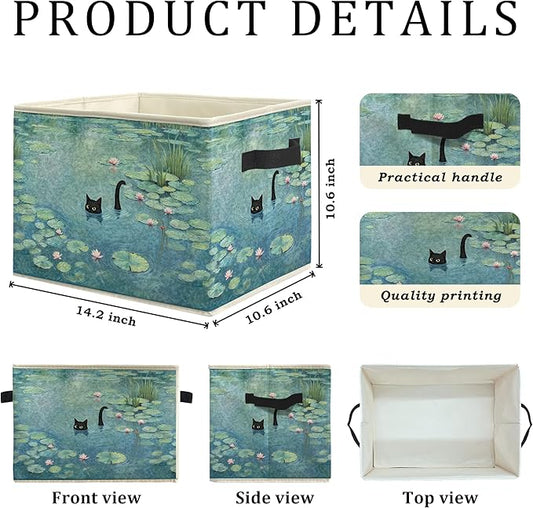 Water Lily Pond Black Cat Storage Bin Box, Cat Lover Mom Lady Grandma Gifts Collapsible Storage Basket Organizer for Bedroom Bathroom Home Clothes Toys Books, Toybox for Girls
