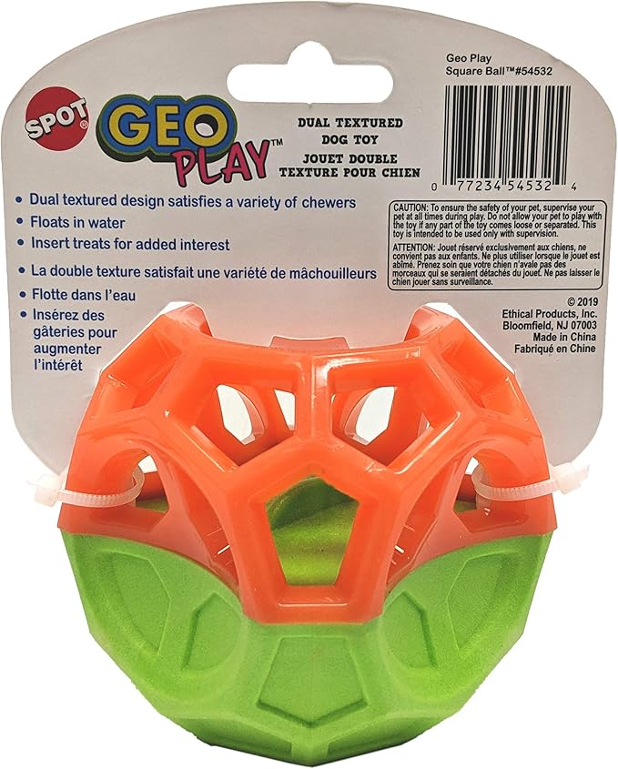 SPOT Geo Play Dual-Texture Cube Dog Toy – Durable Rubber & Foam, Squeaky, Floating, Treat-Dispensing Toy for Interactive Play, 3.5 Inches (Pack of 2)
